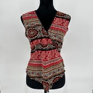 Y2K Fashion Bug Red & Black Paisley Mesh V Neck USA Size XL‎ Boho Asymmetrical